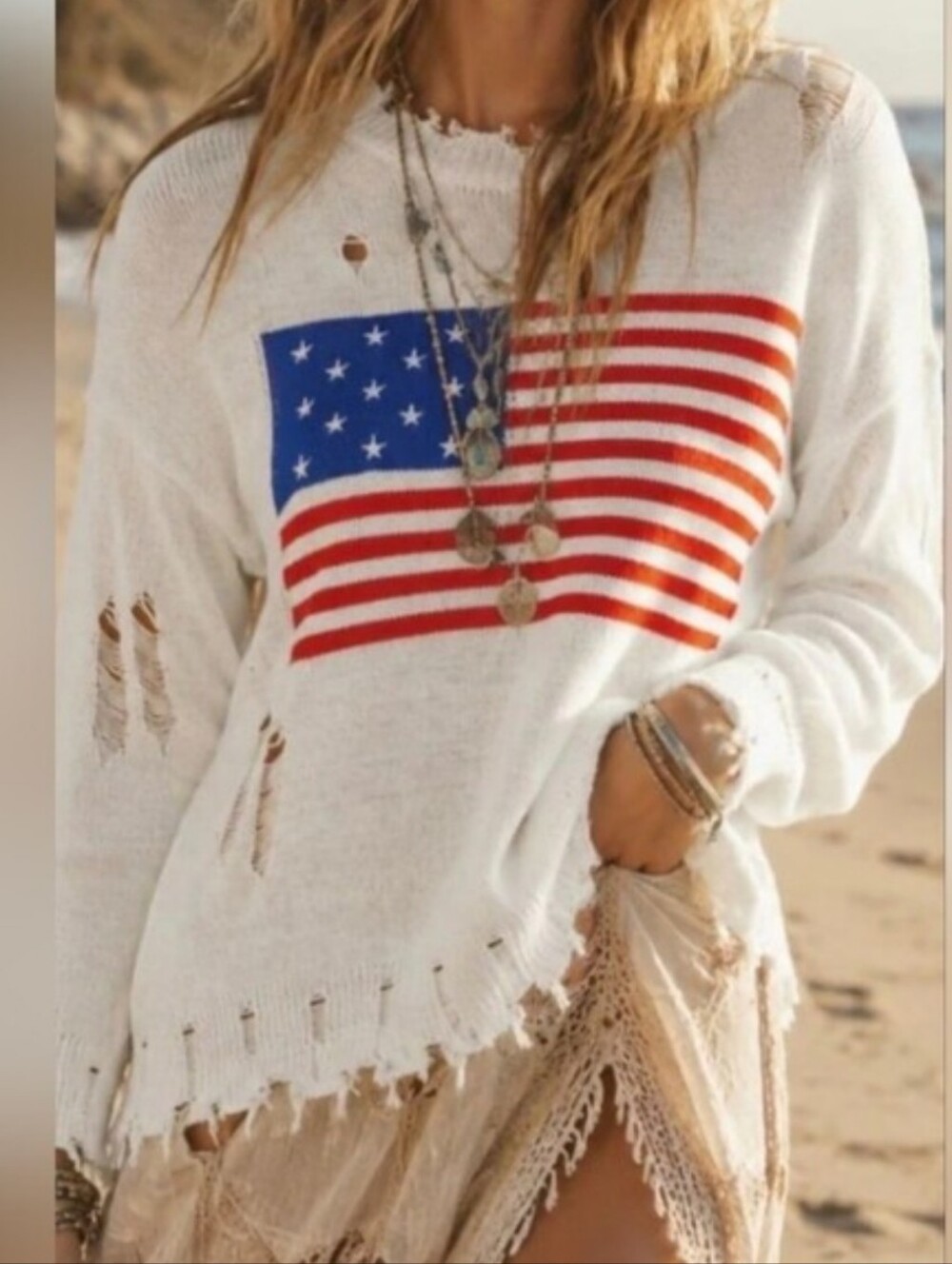 Main Strip NWT American Flag Distressed Oversized Sweater Ivory Red Blue Size L